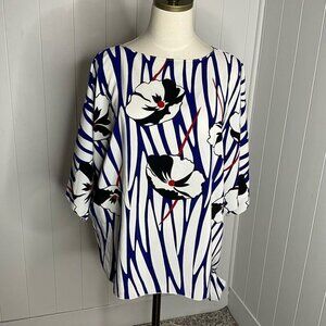 Women’s Medium Blue White Floral Elegant Blouse Top Shirt